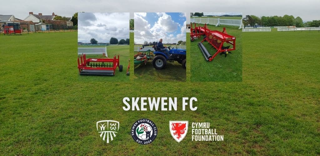 gma-website-2- Grass field with maintenance equipment and "SKEWEN FC" text, plus football foundation logos.