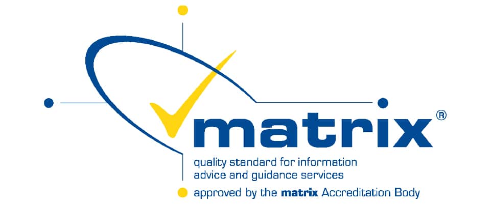 Matrix Standard logo with blue text, yellow checkmark, and orbit design.