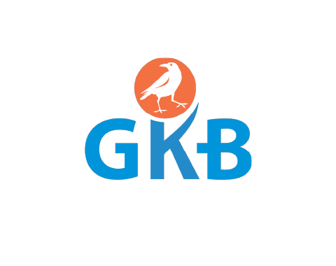 GKB logo with a white bird in an orange circle above blue letters.