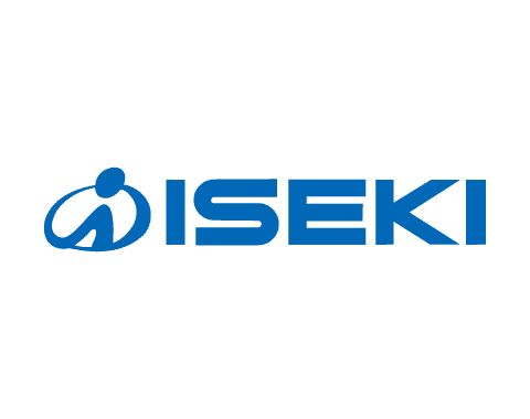 Blue ISEKI logo with stylized symbol on a cyan background.