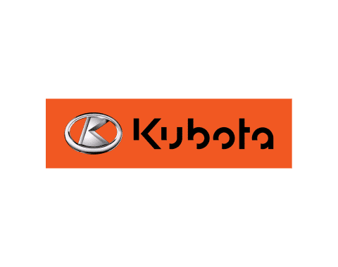 Kubota logo with metallic emblem and black text on an orange background.