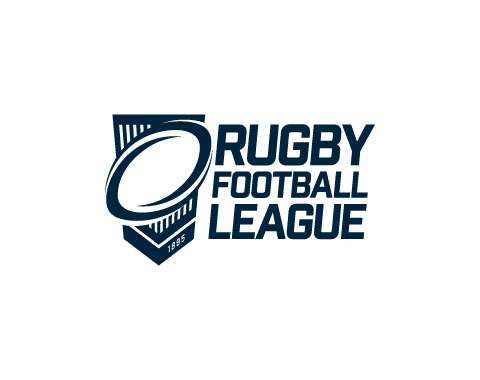 Rugby Football League logo with a rugby ball and shield design on a blue background.